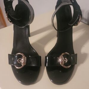 Gucci Black Patent Buckle Trim Strap Heeled Sandals